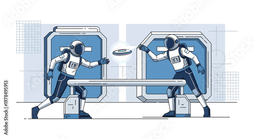 Astronauts playing frisbee inside space station, cosmic leisure with weightless activities,