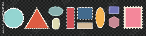 Geometric blank postage stamp shape set retro zigzag edge mail delivery letter graphic design element bundle