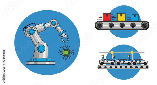 Industrial robot arm and conveyor belt systems illustration.