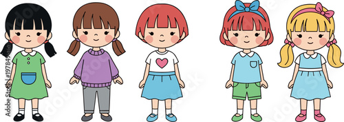 Cartoon Girl Icon Set Featuring Various Outfits, Hairstyles, and Accessories for Web and App Use