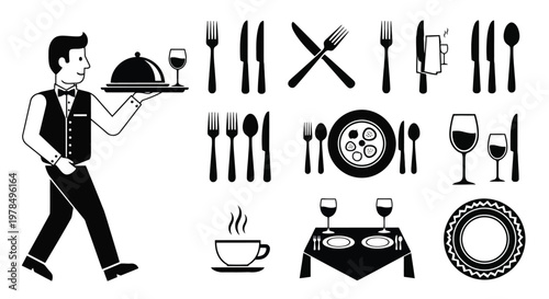 Vintage restaurant illustration waiter with silverware and dining elements