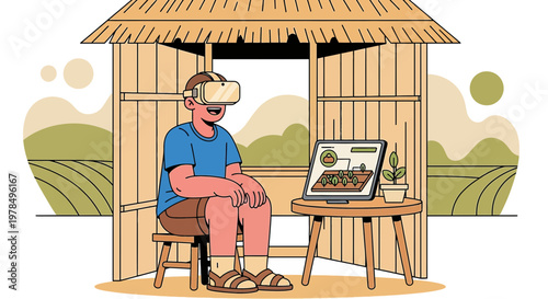 Augmented Reality in agriculture a man explores digital farming in a serene rural location