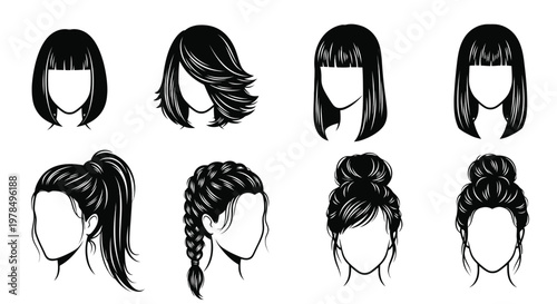 Variety of women's hairstyles a black and white illustration collection