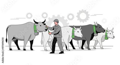 Automated dairy farm with synchronized cows and mechanical gears, reflecting technological