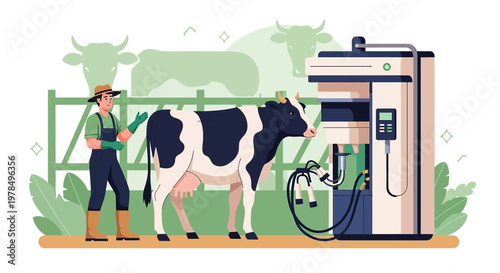 Automated dairy farming, a farmer operating modern milking machine with a cow in a rural setting