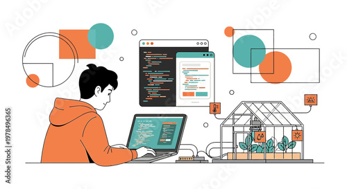Automated greenhouse concept illustration featuring a programmer optimizing plant growth with code