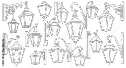 Vintage street lamps collection a detailed black and white illustration