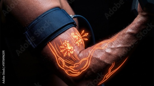 Man doing arm workout with blood flow restriction cuff. Muscular biceps under tension with digital glow overlay showing muscle pump and blood circulation. Bodybuilding and recovery concept.