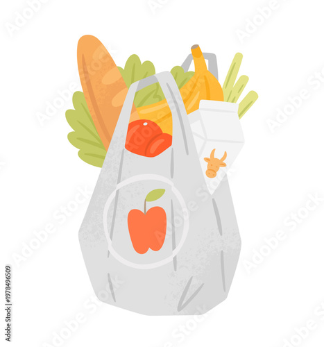 Plastic grocery bag. Vector hand-draw illustrations of bag full of food from supermarket. 