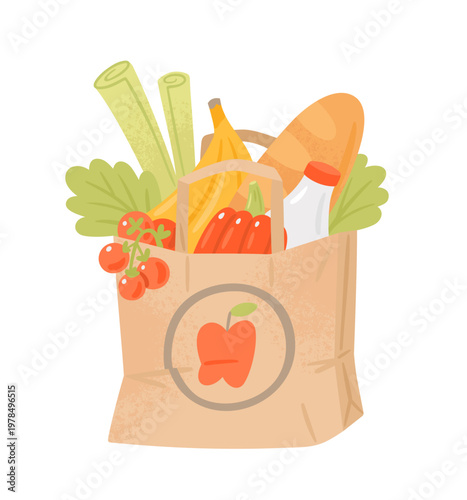 Paper grocery bag. Vector hand-draw illustrations of bag full of food from supermarket. 