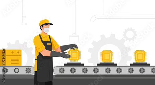 Automated semiconductor manufacturing process with worker placing microchips on conveyor belt system