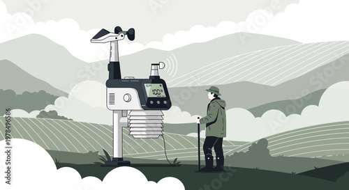 Automated weather station in agricultural landscape with a person observing data collection
