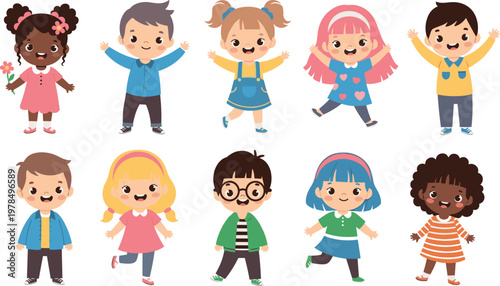 Cartoon Kids Icon Set Featuring Various Outfits, Hairstyles, and Accessories for Web and App Use