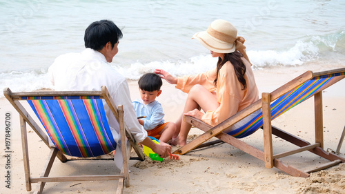 Concept of a family traveling and relaxing at the beach.