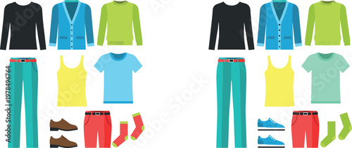 Casual Clothing Set with T-Shirts, Cardigans, Pants, Shoes, Socks, and Accessories for Fashion Illustrations