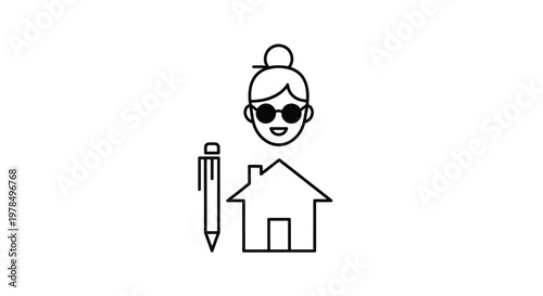 A simple black and white illustration depicts a woman house and pen representing real estate