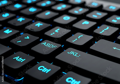 A close up macro view of a modern black computer keyboard with vibrant glowing blue backlit keys in a dark gaming environment