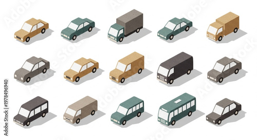 Collection of isometric vehicles on a white background.