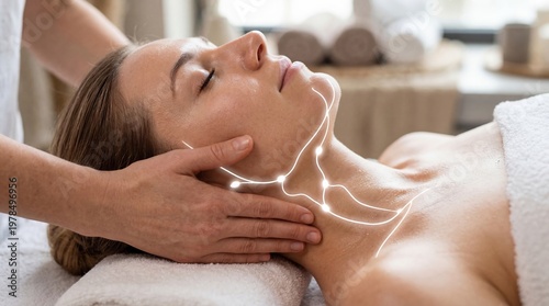 Woman receiving manual lymphatic drainage massage on neck. Professional esthetician performing facial contouring therapy. Holistic health, beauty treatment, and wellness concept.