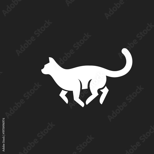 White Cat Running Silhouette Icon on Black Background