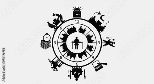 black clock icon with various business and daily life activities