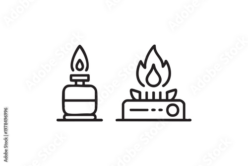 Kitchen Gas Burner Icon Collection with Flame and Appliance Elements