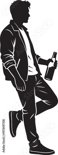 Young man silhouette leaning back holding a glass bottle in hand wearing jacket and casual clothes for lifestyle relaxation beverage social gathering and modern urban character design asset