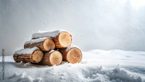 Winter's Embrace A Stack of Snow-Covered Logs in a Serene Winter Landscape