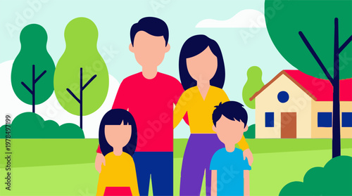 Happy family with two children standing in park with house, flat illustration