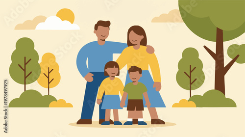 Minimalist illustration of a happy diverse family in a sunny park