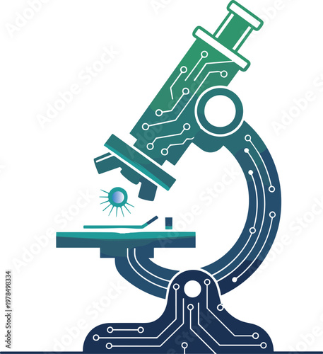 Scientific microscope with circuit pattern representing biotechnology research laboratory innovation and digital science technology vector icon
