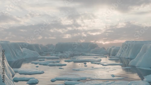 Cinematic animation of drifting icebergs on a calm ocean at sunrise. Photorealistic water, soft fog, and atmospheric lighting. Created in Blender with smooth motion and detailed environment.
