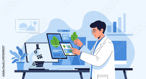 Scientist examines plant sample using digital technology in a laboratory setting showcasing