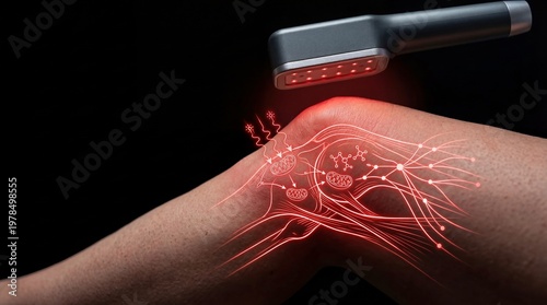 Therapist applying red light therapy to a human knee. Medical procedure for joint pain relief and tissue repair. Innovative physical therapy and light spectrum treatment concept.