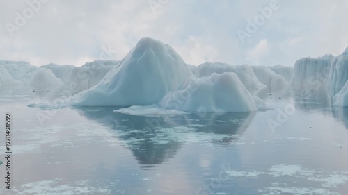 Cinematic animation of drifting icebergs on a calm ocean at sunrise. Photorealistic water, soft fog, and atmospheric lighting. Created in Blender with smooth motion and detailed environment.