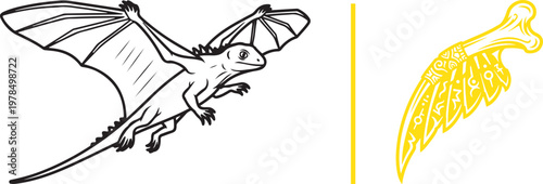 Fantasy dragon line art and stylized yellow wing bone vector illustration set for gaming and tattoo design