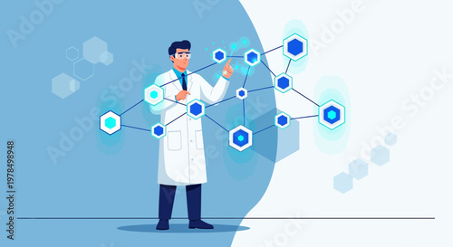Scientist interacting with a futuristic virtual network interface for data analytics and research