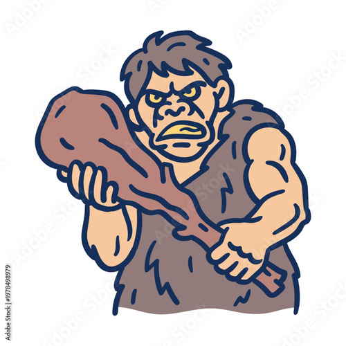 Angry Neanderthal dressed in skin holds large club. Hand drawing