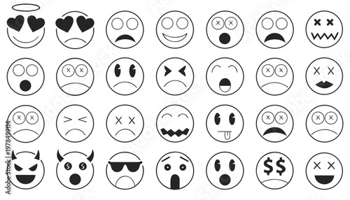 Grid of 25 stylized emoji faces, each with distinct expressions—playful, dramatic, and symbolic moods.