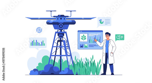 Scientist utilizing drone technology to analyze plant data, fostering innovation in agriculture