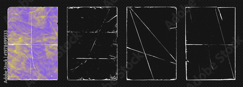 Vintage paper fold frame overlay old worn edge grunge texture collection. Perfect overlay set for retro album cover, old vinyl records, distressed poster design with authentic aged effect.