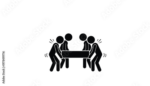 Four stick figures working together to carry a very heavy rectangular object in a synchronized team effort