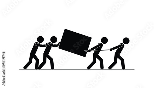 Four stick figures work together to move a heavy dark cube shape across a plain white surface