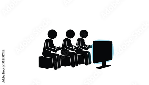Three stick figure people are sitting together and playing video games on a glowing television screen display