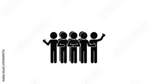 Five stick figures standing together as a cohesive group demonstrating teamwork and successful collaboration.