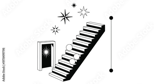 A minimalist black and white illustration depicts a staircase leading to an open doorway with stars