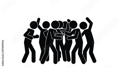Group of aggressive stick figures fighting and arguing together in a chaotic scene of social physical conflict