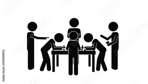 Minimalist stick figures illustrating people engaged in a chess match with others observing the strategic play.