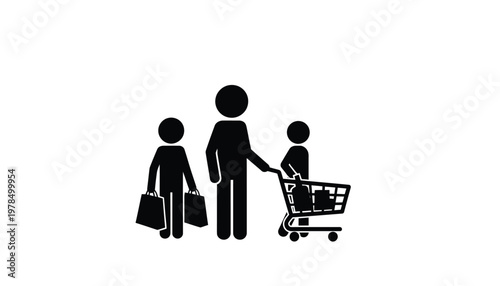Family stick figures illustration depicting a parent and two children going shopping with a cart and bags.
