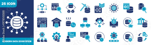 modern data ecosystem icon set collection in glyph duotone style. icon set consist of algorithm, analytics, big data, data mining, machine learning, ai, data science, data analysis icon.